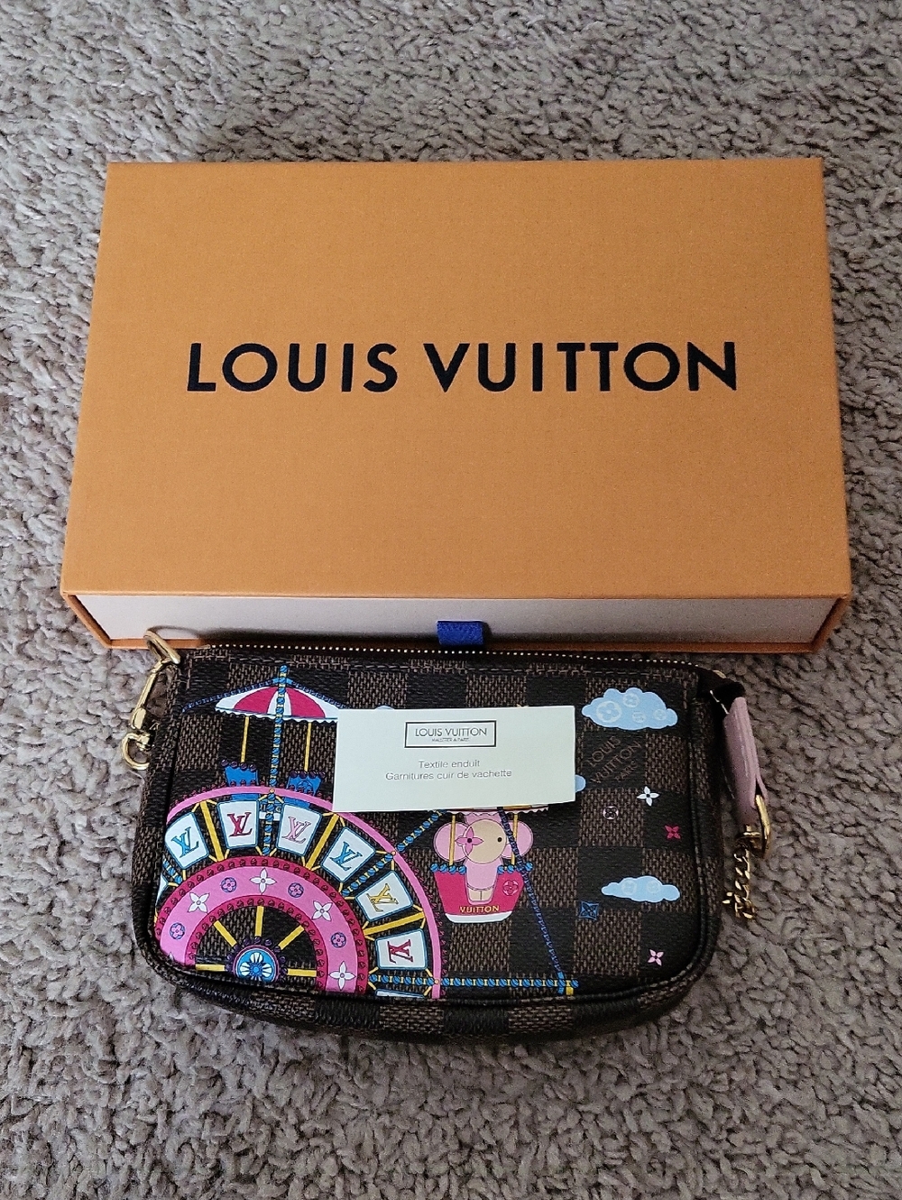 Louis Vuitton Damier Ebene Mini Bag with Pink & Blue Carnival Motif